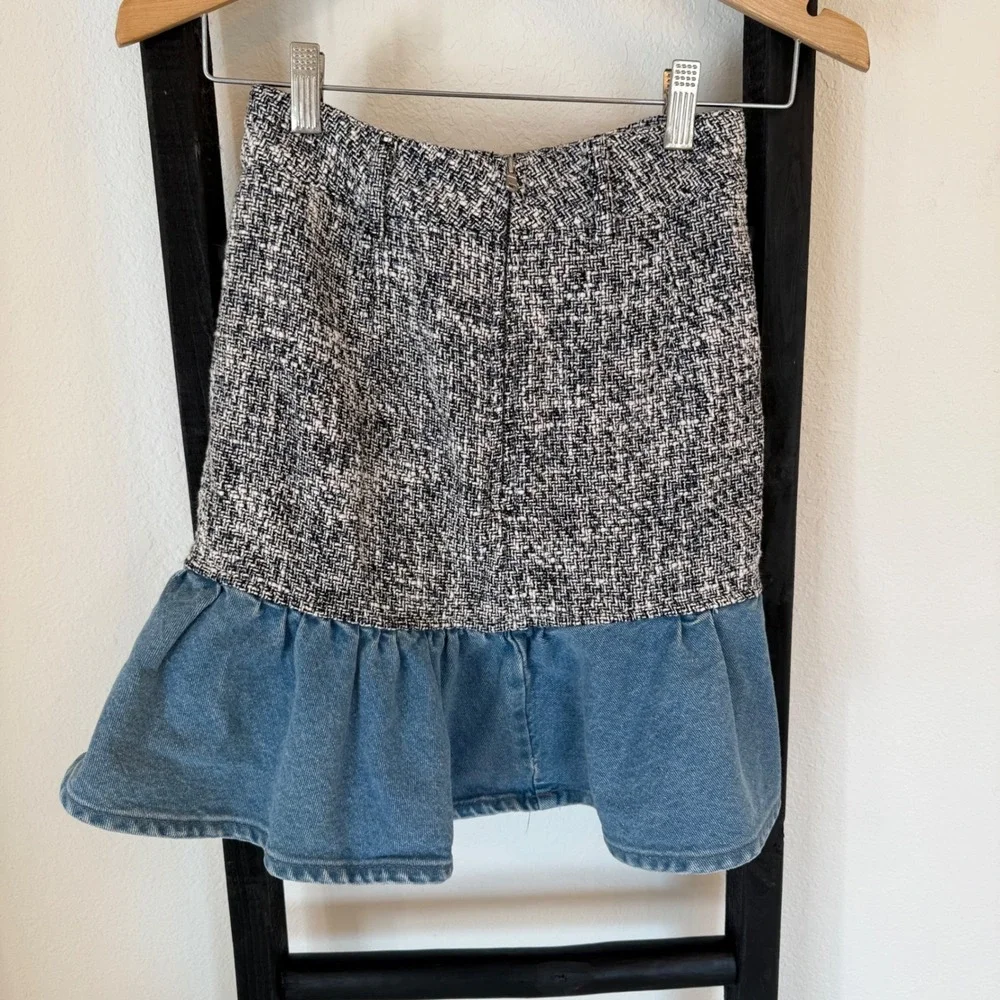 ZARA Tweed Denim Ruffle Skirt Women's XS Black White Blue - Picture 2 of 6